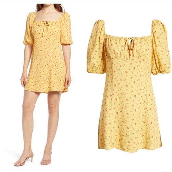 Reformation Sette Floral Mini Dress Yellow Front Tie Back Zip Puff Sleeve Sz 8 - Picture 1 of 10